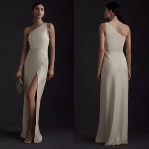 NWT BHLDN | Anthro Dylan One-Shoulder Satin Side-Slit Gown Sz 4 Champagne